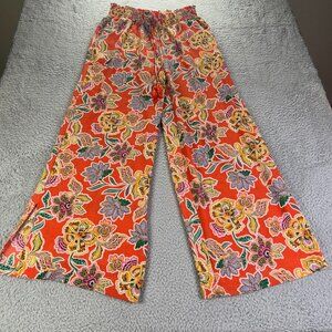 Rose Olive Pants Womens Small Orange Floral Wide Leg Drawstrings Boho